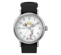 Timex Looney Tunes Bugs and Friends - Reloj estándar de 40 mm para Hombre, Correa Negra, Esfera Blanca, Caja Plateada