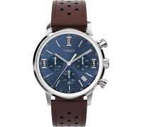 Timex Marlin Chronograph - Reloj de 40 mm para hombre, correa de liberación rápida de cuero marrón, esfera azul, caja de acero inoxidable TW2W10200