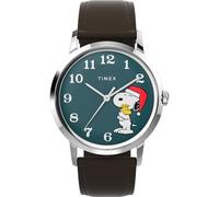 Timex Peanuts Marlin - Reloj para hombre de 34 mm, correa marrón, esfera azul, caja de acero inoxidable