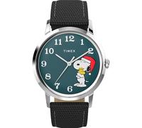Timex Peanuts Marlin - Reloj para hombre de 34 mm, correa negra, esfera azul, caja de acero inoxidable