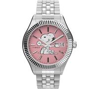 Timex Peanuts - Reloj de 36 mm para mujer, correa de acero inoxidable en tono plateado, esfera rosa, caja en tono plateado TW2V47400