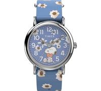 Timex Peanuts - Reloj de 38 mm para mujer, tela azul de una sola capa Slip-thru, esfera azul, caja en tono plateado TW2W33300