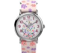 Timex Peanuts - Reloj de 38 mm para mujer, tela rosa de una sola capa Slip-thru, esfera blanca, caja en tono plateado TW2W33200