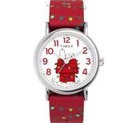 Timex Peanuts - Reloj para Mujer de 38 mm, Correa Deslizante en Tela roja, Esfera Blanca, Caja en Tono Plateado TW2W80800
