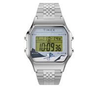 Timex Peanuts T80 Snoopy Ski - Reloj Unisex de 34 mm, Esfera Digital Plateada, Caja Plateada
