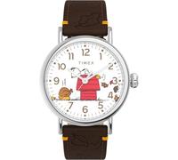 Timex Peanuts TW2W44300 - Reloj con correa de cuero marrón, esfera blanca y caja en tono plateado para hombre, 40 mm