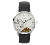 Timex Peanuts Waterbury Classic - Reloj para Hombre de 40 mm, Correa Negra, Esfera Blanca, Caja Plateada