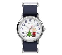 Timex Peanuts Weekender Charlie Brown Christmas - Reloj de 38 mm para Hombre, Correa Azul, Esfera Blanca, Caja Plateada