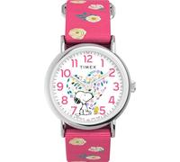 Timex Peanuts Weekender Floral - Reloj para mujer de 38 mm, correa rosa, esfera blanca, caja plateada