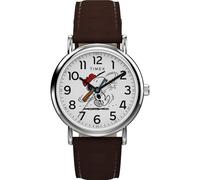 Timex Peanuts Weekender - Reloj de Pulsera para Hombre, 38 mm, Esfera Blanca y marrón, Esfera Plateada
