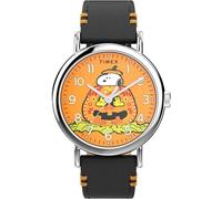 Timex Peanuts Weekender - Reloj para Hombre de 40 mm, Correa Negra, Esfera Naranja, Caja Plateada
