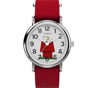 Timex Peanuts Weekender - Reloj unisex de 38 mm, correa roja, esfera blanca, caja plateada