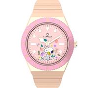 Timex TW2W83800 Peanuts x Q In Bloom - Reloj de Pulsera para Mujer, 36 mm, Correa de Acero Inoxidable elástico de Color Oro Rosa, Esfera Rosa
