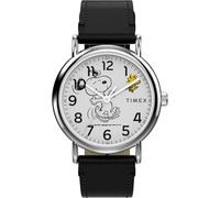 Timex Peanuts x Weekender Snoopy Dancing TW2Y31000 - Reloj con Correa de Cuero Negro con Esfera Blanca y Caja Plateada para Hombre, 38 mm