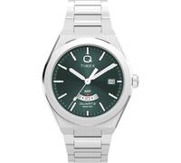Timex Q Continental GMT - Reloj para Hombre de 39 mm, Pulsera Plateada, Esfera Verde, Caja de Acero Inoxidable