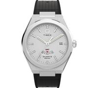 Timex Q Continental GMT TW2Y12200 - Reloj con correa de goma sintética negra con esfera plateada y caja de acero inoxidable para hombre, 39 mm