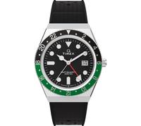 Timex Q GMT TW2W57500 - Reloj con correa de caucho sintético negro con esfera negra y caja de acero inoxidable para hombre, 38 mm