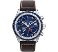 Timex Reloj cronógrafo Fly Back Pan Am de 43 mm para hombre, correa marrón, esfera azul, caja de acero inoxidable