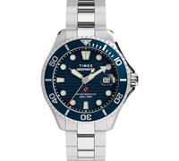 Timex Reloj de hombre Deep Water Meridian de 44 mm, pulsera de acero inoxidable, esfera azul, caja de acero inoxidable