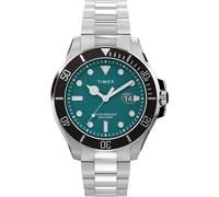 Timex Reloj Deep Water para hombre de 43 mm, pulsera de acero inoxidable, esfera verde, caja plateada