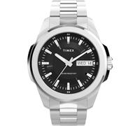 Timex Reloj Essex Day and Date de 45 mm para hombre, pulsera de acero inoxidable, esfera negra, caja plateada