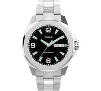 Timex Reloj Essex de 46 mm para hombre, pulsera de acero inoxidable, esfera negra, caja plateada