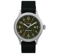 Timex Reloj Hombre Sierra Men's Eco-Conscious Material Caja de Latón Plateado Movimiento de Cuarzo Esfera Blanco Correa Ecopiel Negro con Cierre Hebilla Normal 5 ATM