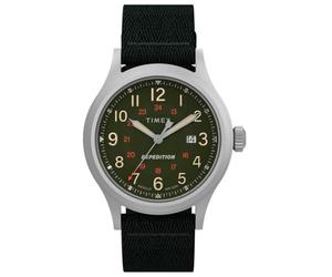 Timex Reloj Hombre Sierra Men's Eco-Conscious Material Caja de Latón Plateado Movimiento de Cuarzo Esfera Blanco Correa Ecopiel Negro con Cierre Hebilla Normal 5 ATM