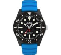 Timex Reloj para hombre Deep Water Reef de 43 mm, correa azul, esfera negra, caja de acero inoxidable