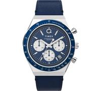 Timex Reloj Q Chronograph - Reloj de 40 mm para hombre, cuero azul, correa de liberación rápida de dos piezas, esfera azul, caja de acero inoxidable TW2W51700