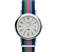 Timex Reloj Weekender de 37 mm para mujer, correa azul, esfera blanca, caja plateada