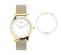Timex Transcend - Reloj para mujer de 31 mm, pulsera de malla en tono dorado, esfera blanca de liberación rápida, caja dorada
