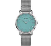 Timex Transcend - Reloj para mujer de 34 mm, pulsera de malla plateada de liberación rápida, esfera azul y caja plateada