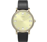 Timex Trend - Reloj de 34 mm para mujer, correa de liberación rápida de dos piezas de piel negra, esfera en tono dorado, caja en tono dorado TW2W84600