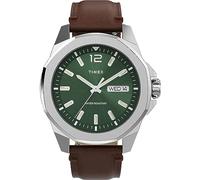 Timex Trend - Reloj de 46 mm para hombre, correa de liberación rápida de dos piezas de cuero marrón, esfera verde, caja en tono plateado TW2W14000