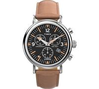 Timex Waterbury Chronograph - Reloj de 41 mm para hombre, correa de liberación rápida de dos piezas de cuero marrón, esfera negra, caja en tono plateado TW2W84500