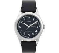 Timex Waterbury - Reloj de 39 mm para hombre, correa de liberación rápida de cuero negro de dos piezas, esfera negra, caja de acero inoxidable TW2W14700