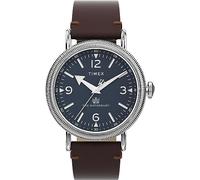 Timex Waterbury - Reloj de 40 mm para hombre, correa de liberación rápida de cuero marrón, esfera azul, caja plateada TW2W20400