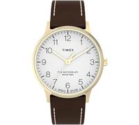 Timex Waterbury - Reloj de 40 mm para hombre, correa de liberación rápida de dos piezas de piel marrón, esfera blanca, caja en tono dorado TW2W84400