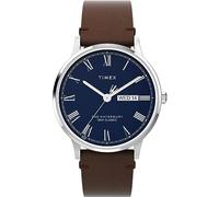 Timex Waterbury - Reloj de 40 mm para hombre, correa de liberación rápida de dos piezas de piel marrón, esfera azul, caja de acero inoxidable TW2W14900