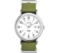 Timex Weekender TW2W86000 - Reloj con correa de cuero verde, esfera blanca y caja en tono plateado para hombre, 40 mm