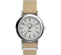 Timex Weekender TW2Y09100 - Reloj con correa de tela marrón con esfera blanca y caja plateada, unisex, 37 mm