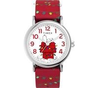 Timex x Peanuts Weekender Holiday - Reloj de 38 mm para mujer, correa roja, esfera blanca, caja plateada