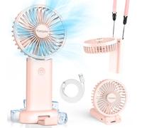 Timiyou Ventilador de mano, mini ventilador para viajes, pequeño con cordón y base, ventilador de mano, batería recargable, ventilador USB para exteriores, camping, oficina, casa, viajes (rosa)