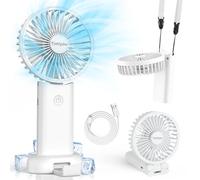 Timiyou Ventilador de mano, mini ventilador para viajes, pequeño con cordón y base, ventilador de mano con batería recargable, ventilador USB para exteriores, camping, oficina, casa, viajes (blanco)