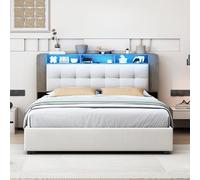 TIMORWTF Cama Baúl 160x200 con Somier, Marco de Cama con Iluminación LED y Función de Carga Inalámbrica, Cama Doble Acolchada con Almacenamiento, Terciopelo, sin Colchón, BeigeBlanco