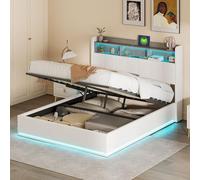 TIMORWTF - Cama de 140 x 190 cm, con somier LED y USB, 140 x 190 cm, cama doble con almacenamiento y cabecera, camas acolchadas para 2 personas con somier de láminas, terciopelo blanco, sin colchón