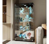 TIMORWTF Vitrina de Cristal con Luces LED, Vitrina Moderna con 4 Estantes y 2 Puertas, Vitrina de Pared para Colección, para Dormitorio, Salón y Comedor, Superficie de Espejo, Negro
