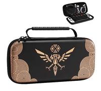 TiMOVO Funda Compatible con Nintendo Switch OLED 2021/Switch, Estuche de Transporte de Tema de Zelda, Bolso de Viaje Resistente al Agua con 10 Cartuchos de Juegos para Consola y Accessorios, Oro Negro