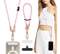 TiMOVO Universal Cordón para Teléfono Móvil Manos Libres, 2PCS Correas para Móviles Ajustables 1*Correa para Cuello + 1*Correa para Muñeca, Cadena de Poliéster para Móvil con 2 Parches, Rosa